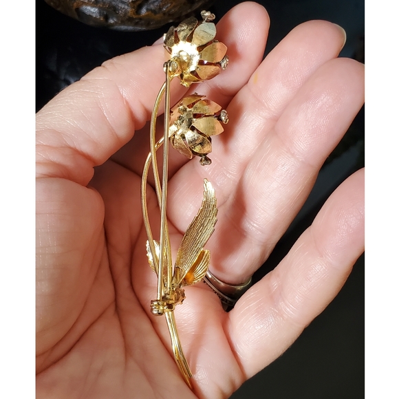 Vintage goldtone wire flowers green orange aurora borealis beads and rhinestone - Picture 7 of 10